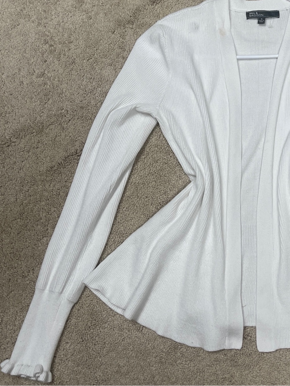 Madison White Ribbed Open Cardigan with Ruffle Cuffs - Picture 2 of 2